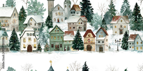 A beautiful watercolor seamless pattern border of a snowy European village with cozy, decorated houses and festive pine trees, perfect for holiday banners, textiles, and packaging trims.
