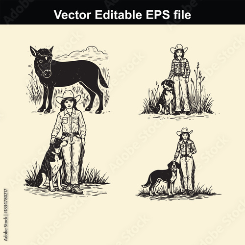 collection of four vintagestyle vector illustrations depicting ranch scenes with a cowgirl and her dog, and a separate illustration of a darkcolored farm animal