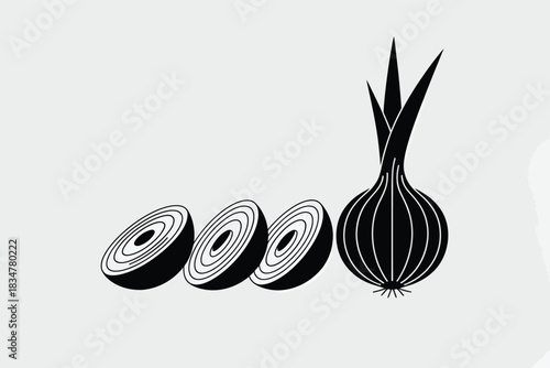 Cooking ingredient onion and sliced halves for food preparation app ui, flat vector icon