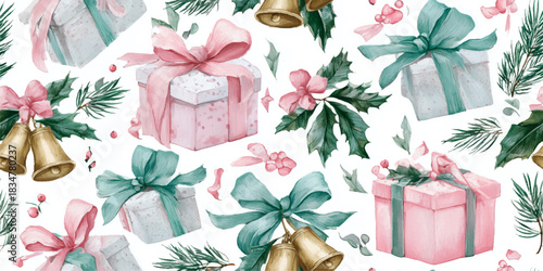 A charming watercolor seamless pattern of gift boxes with pink and mint bows, gold bells, and holly, ideal for feminine packaging, holiday stationery, and fabrics.