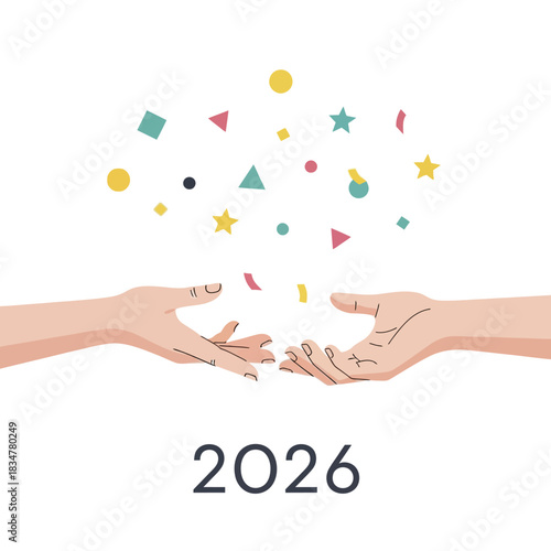 Human hands tossing colorful geometric shapes for the year 2026 celebration.
