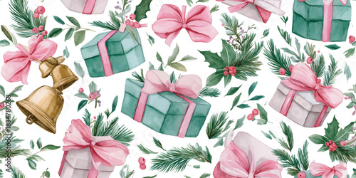 A charming watercolor seamless pattern of gift boxes with pink and mint bows, gold bells, and holly, ideal for feminine packaging, holiday stationery, and fabrics.