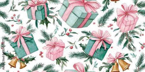 A charming watercolor seamless pattern of gift boxes with pink and mint bows, gold bells, and holly, ideal for feminine packaging, holiday stationery, and fabrics.