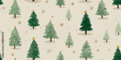 A rustic watercolor seamless pattern featuring decorated pine trees, gold stars, and snow speckles on a cozy beige background, suitable for farmhouse textiles, wrapping paper, and crafts.