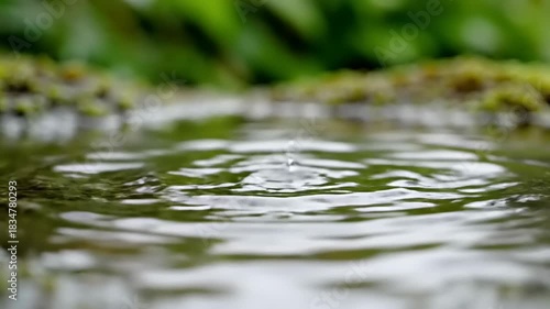Close up of water droplets falling into a pool creating ripples.