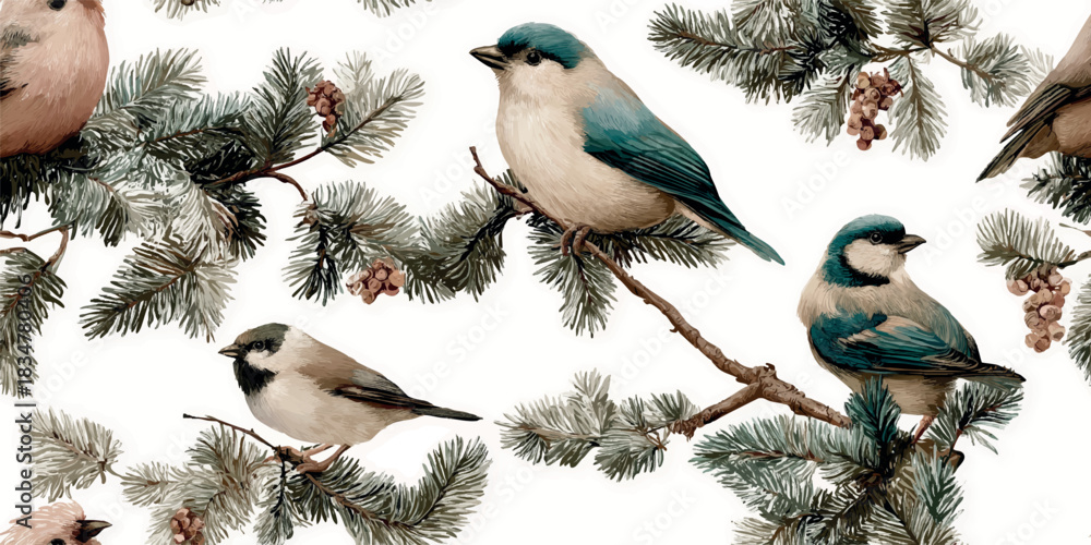 Naklejka premium An elegant seamless pattern of winter birds perched on delicate pine branches with cones on a soft, light background, ideal for sophisticated fabrics and nature-themed stationery.