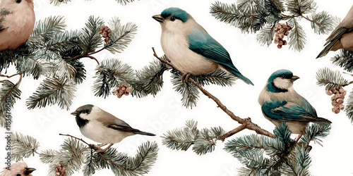 An elegant seamless pattern of winter birds perched on delicate pine branches with cones on a soft, light background, ideal for sophisticated fabrics and nature-themed stationery.