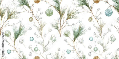 An ethereal watercolor seamless pattern of delicate dried winter botanicals, pine needles, and subtle glass-like hanging ornaments, perfect for wedding stationery and fine paper goods.