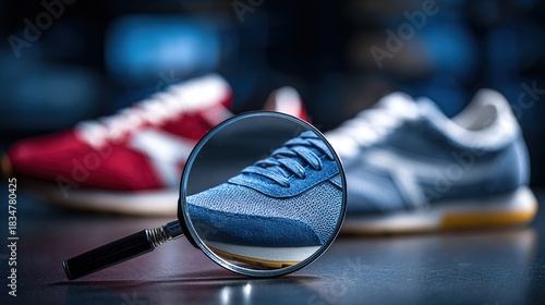aglet. Magnifying glass focusing on shoe aglet tip with blurred background. lifestyle magazines, social media lookbooks, designed for lifestyle magazines and social media content.