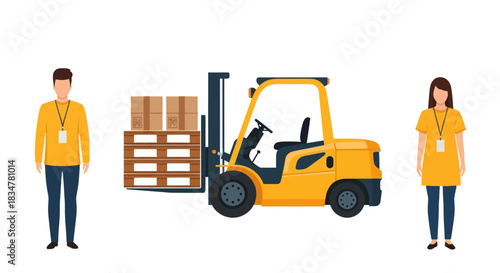 Logistics Team with Forklift Pallets and Boxes.