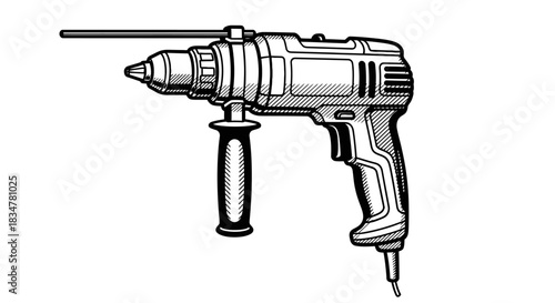 Detailed Illustration of a Corded Power Drill with Auxiliary Handle and Drill Bit.