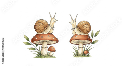 Whimsical snails with pearl necklaces perched atop charming mushrooms, fairytale forest fantasy for children's books and nature-themed creative projects