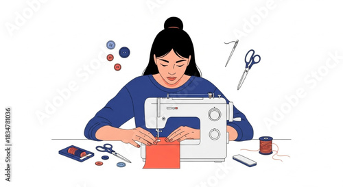 Creative woman sewing vibrant fabric with sewing machine, crafting unique designs in her bright studio - perfect for DIY projects and fashion concepts