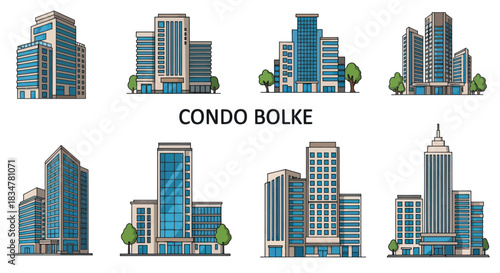 Cartoon-style modern condominium buildings set with various architectural designs.