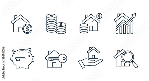 Collection of Real Estate and Financial Icons Representing Investment and Ownership.