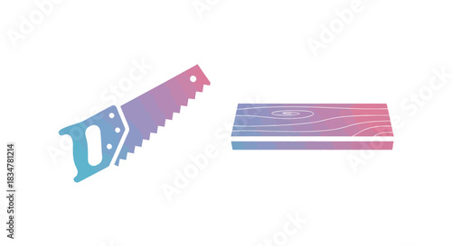 Colorful Hand Saw and Wooden Plank Icon.