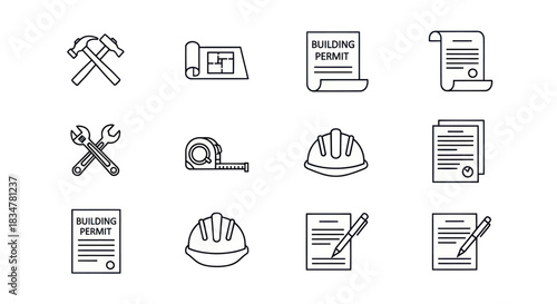 A set of hand-drawn line art icons for construction building permits and engineering.
