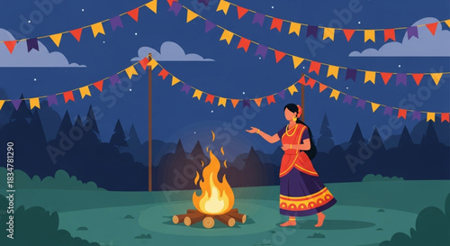 Celebrate vibrant Lohri festival with a traditional bonfire and festive decorations under a starry night sky, ideal for cultural events & community gatherings