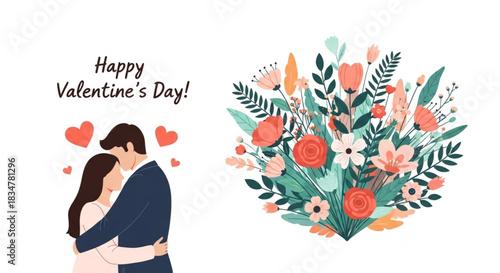 Romantic couple embracing near floral bouquet for Valentine's Day wishes, expressing love and affection with heart symbols and stylish design elements