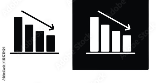 Decrease and loss bar chart icon for financial data and business statistics, minimalist vector symbol