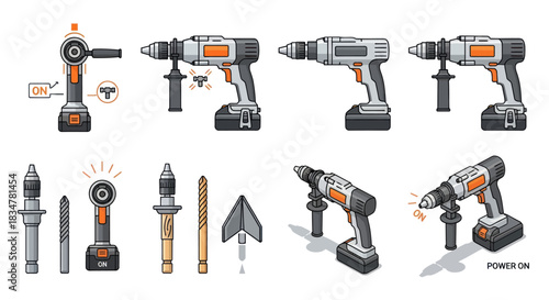 Assorted Cordless Power Drills and Drill Bits Illustration.