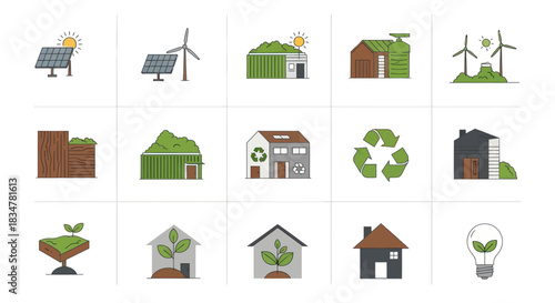 Colorful Flat Vector Icons: Eco-Friendly Energy Sustainable Living and Recycling Concepts.