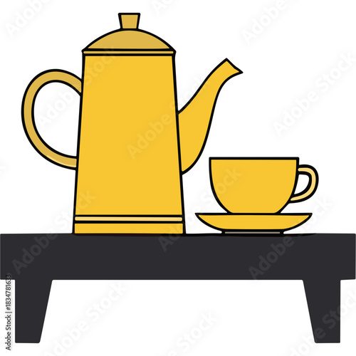 Golden Yellow Coffee Pot and Cup on a Dark Shelf with a Simple Minimalist Design