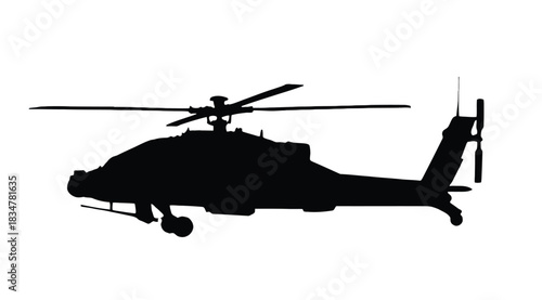 Black military helicopter silhouette for design element and aviation concepts, isolated on white background