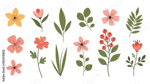 Delightful floral elements for spring designs, perfect for invitations, cards, and patterns with a fresh, modern vibe and a touch of bohemian charm