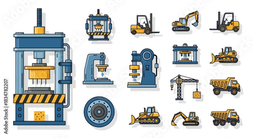 Collection of Illustrated Industrial Machinery and Construction Equipment.
