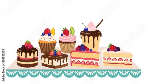 Indulge in sweet vector desserts with vibrant fruit toppings for a delicious treat, perfect for birthday parties or bakery promotions