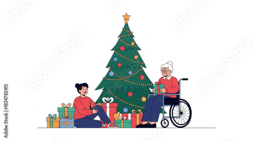 Grandma in wheelchair celebrating joyful Christmas with family near beautifully decorated tree and presents, creating heartwarming holiday memories together