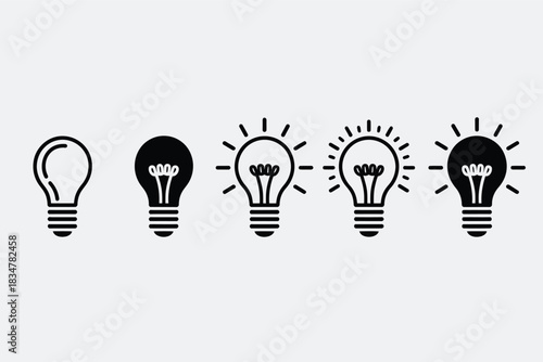 Light bulb icon set showing increasing brightness flat vector illustration for creative process and idea generation isolated on white background