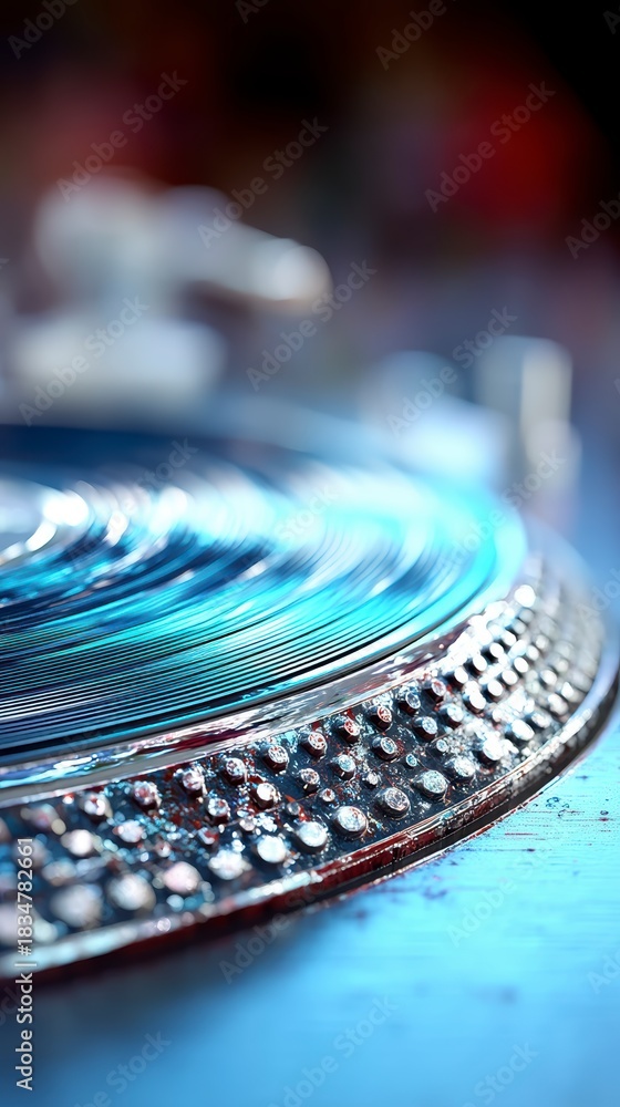 Obraz premium Close up of a spinning vinyl record on a turntable with a textured platter and blurred background