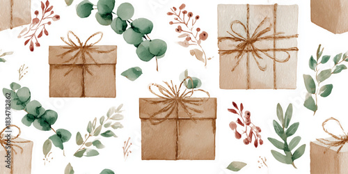A neutral watercolor seamless pattern of beautifully wrapped gift boxes and delicate eucalyptus branches, perfect for minimalist holiday packaging, wedding favors, and fine stationery.