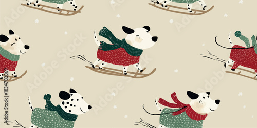 A whimsical and fun seamless pattern of cartoon dogs wearing scarves and sweaters riding on wooden sleds in a playful folk art style, excellent for children's fabrics and stationery.