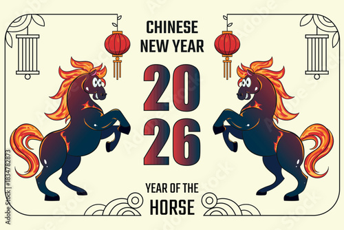 Playful fiery horse art celebrating Chinese New Year 2026 with bold colors, dynamic pose, and festive ornaments, perfect for holiday designs and themed creative projects worldwide.