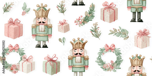 A festive watercolor seamless pattern with a soft green Nutcracker soldier, delicate wreaths, and elegantly wrapped gifts, suitable for holiday textiles, stationery, and luxurious packaging.