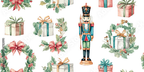 A festive watercolor seamless pattern with a soft green Nutcracker soldier, delicate wreaths, and elegantly wrapped gifts, suitable for holiday textiles, stationery, and luxurious packaging.
