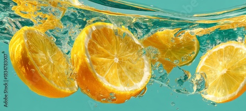 Citrus water with sliced lemons in motion, glass reflections, bright daylight, refreshing vibrant palette, modern graphic layout, healthy beverage, energetic commercial food photography