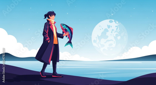 Stylish figure holding vibrant fish on seaside with dreamy moon backdrop bringing a sense of calm and adventure for creative projects and storytelling