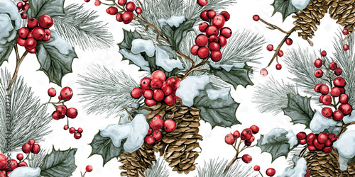 detailed, festive seamless pattern featuring engraved pine branches, snow-covered holly leaves, красные ягоды и шишки, perfect for traditional holiday packaging and fabrics.
