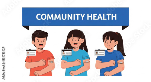 Happy children showing vaccination cards after getting vaccine shots in community health program, promoting wellness and preventative care for youth