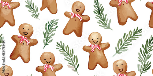 Cute gingerbread men and green pine branches seamless repeating pattern for Christmas design, textiles, packaging, and home decor.