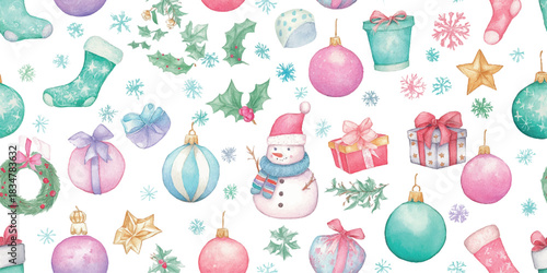 Whimsical Christmas baubles, snowman, presents, and stockings seamless repeating pattern for holiday design, fabrics, and wrapping paper.