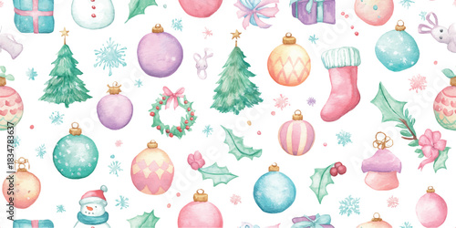 Whimsical Christmas baubles, snowman, presents, and stockings seamless repeating pattern for holiday design, fabrics, and wrapping paper.