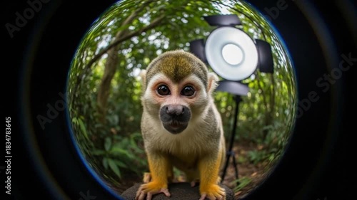 Captivating Squirrel Monkey Portrait with Lush Jungle Backdrop and Creative Lighting