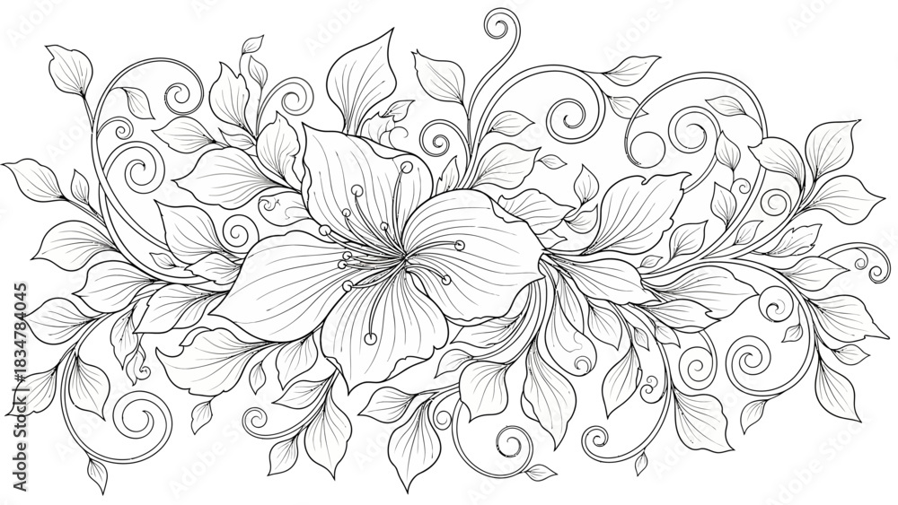 Fototapeta premium Intricate black and white line art illustration of elegant flowers and swirling leaves, perfect for a decorative border or adult coloring book.