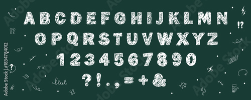 English alphabet crayon. Playful and rough kids handwriting font. Chalk or wax texture. Vector illustration.