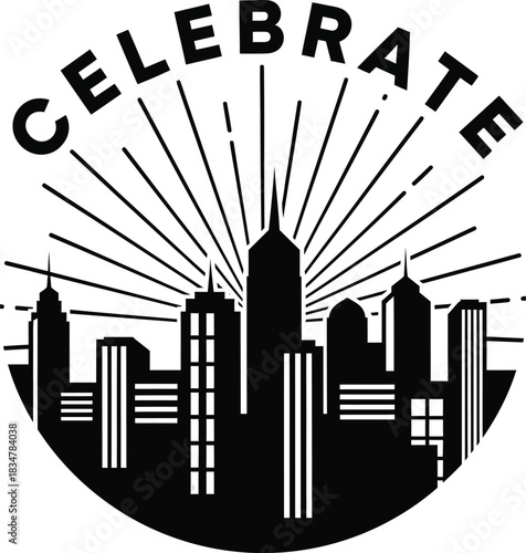 A black and white circular graphic of a stylized city skyline with radiating lines and the arched word Celebrate above.